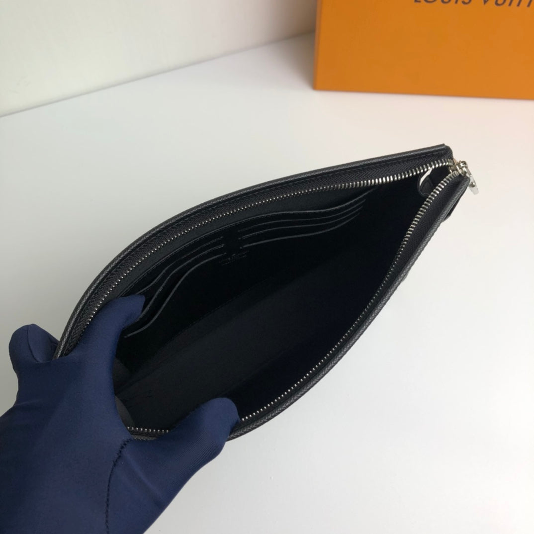 Louis Vuitton Black Textured Leather Pouch - Designer Zip Clutch Bag