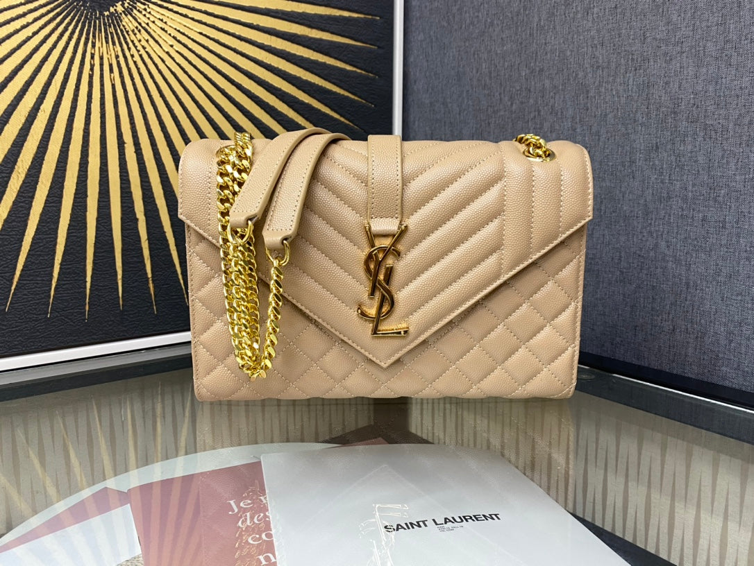 Saint Laurent Monogram Medium Envelope Bag in Quilted Leather - Beige