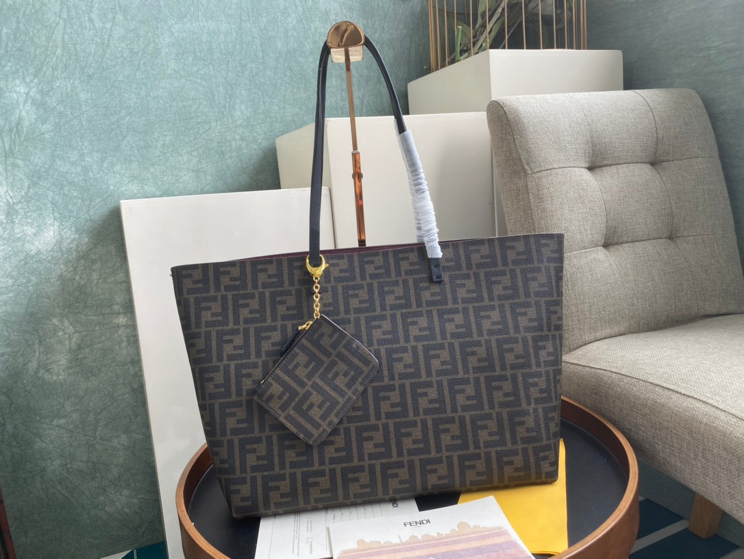 Fendi FF Monogram Zucca Print Tote Bag with Detachable Pouch - Brown