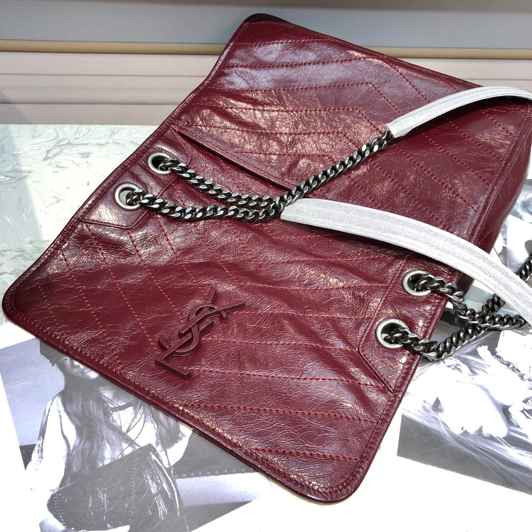 Saint Laurent Niki Medium Shoulder Bag in Burgundy Crinkled Vintage Leather