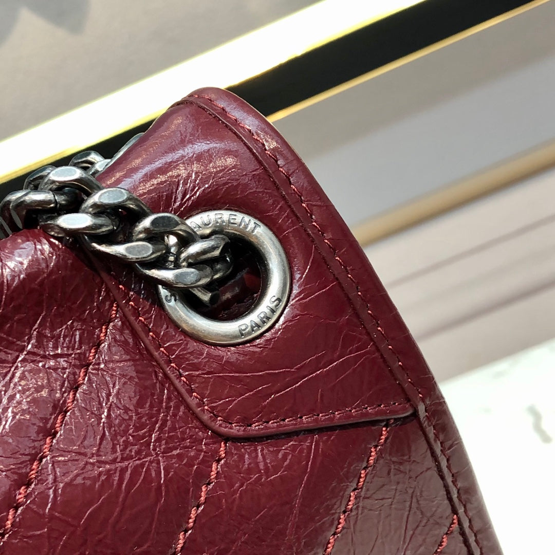 Saint Laurent Niki Medium Shoulder Bag in Burgundy Crinkled Vintage Leather