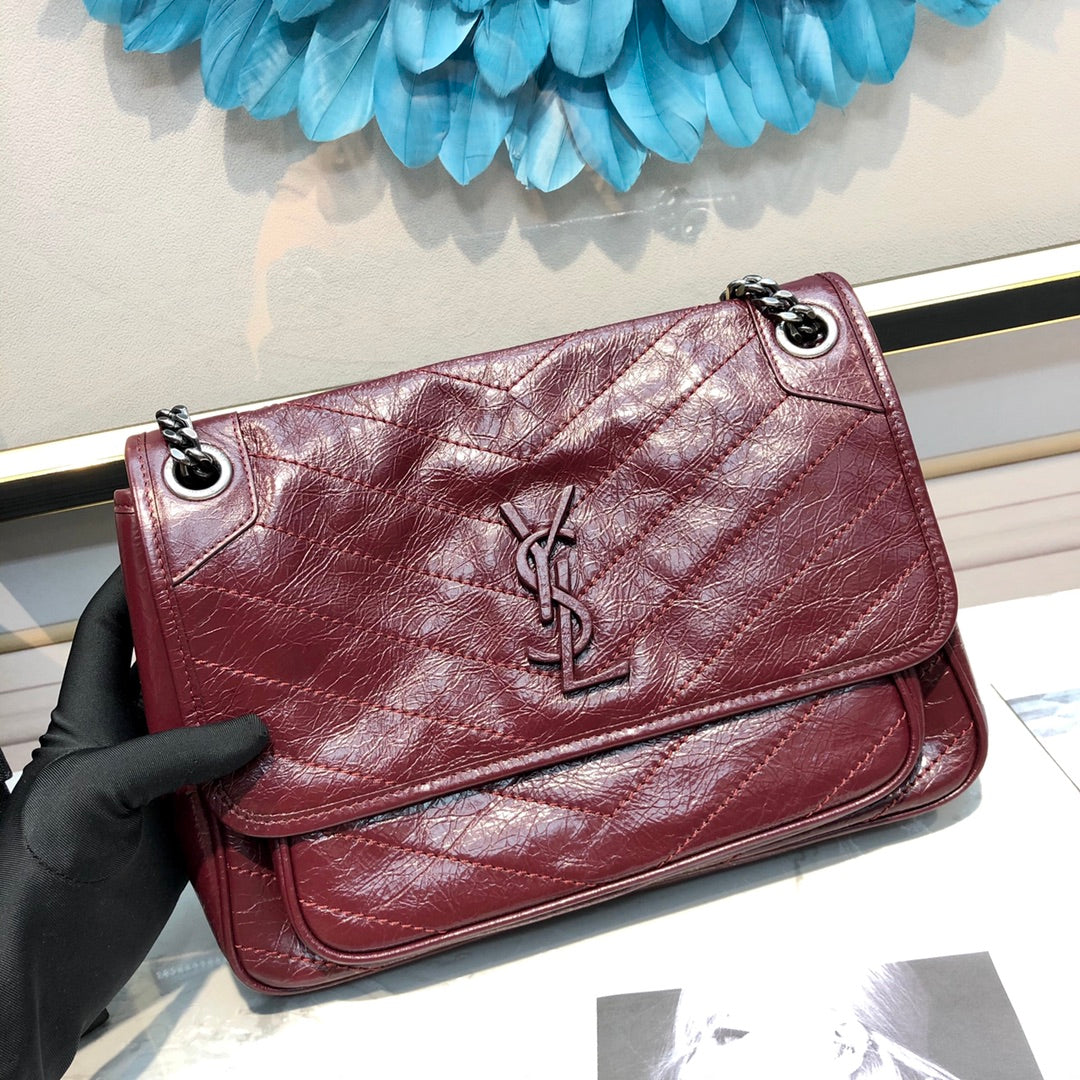 Saint Laurent Niki Medium Shoulder Bag in Burgundy Crinkled Vintage Leather