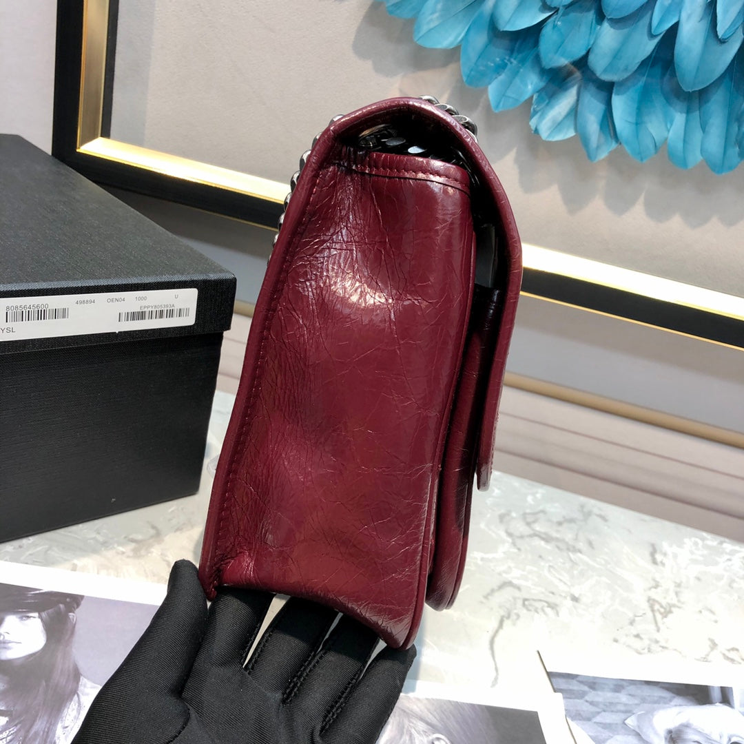 Saint Laurent Niki Medium Shoulder Bag in Burgundy Crinkled Vintage Leather