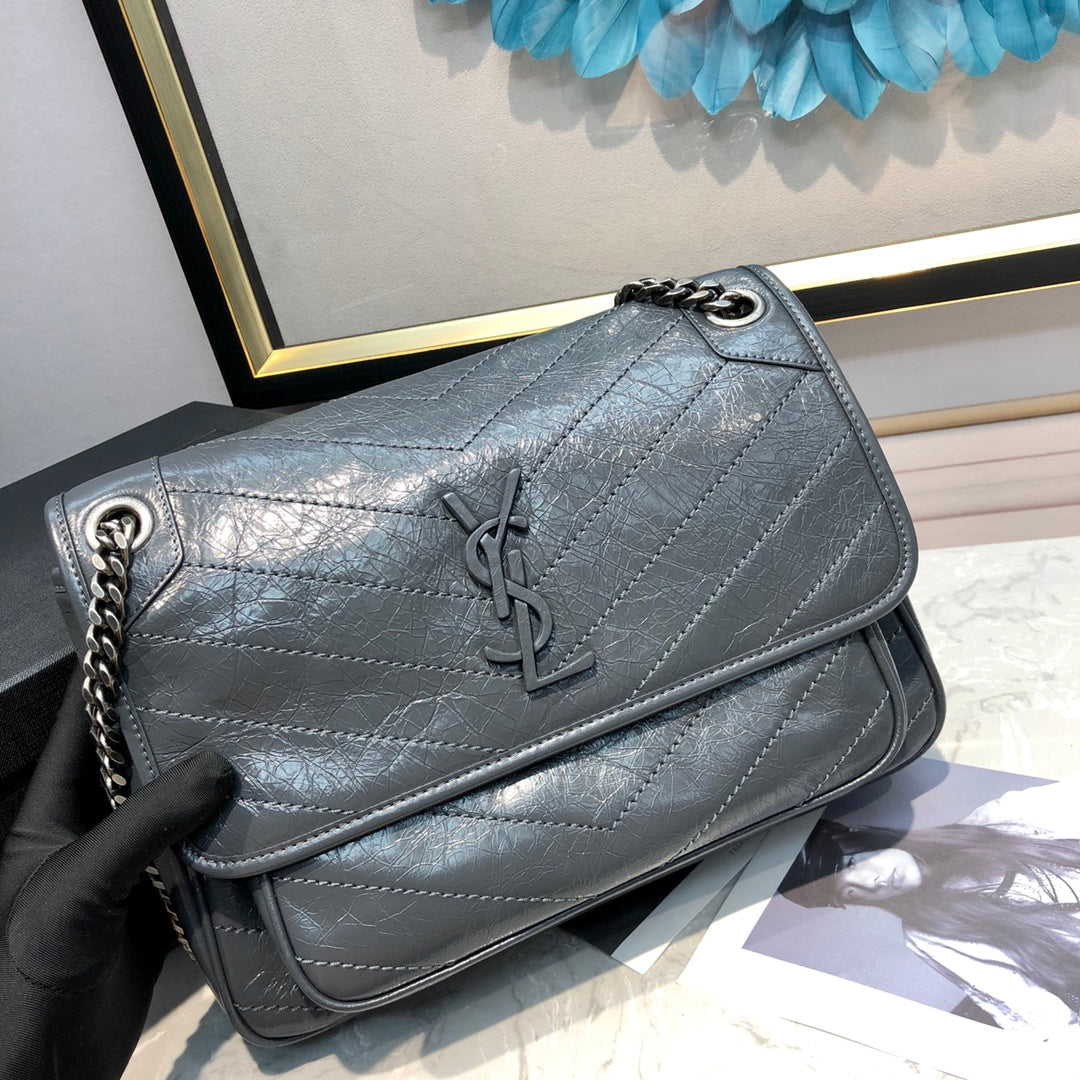 Saint Laurent Niki Medium Chain Bag in Grey Vintage Leather
