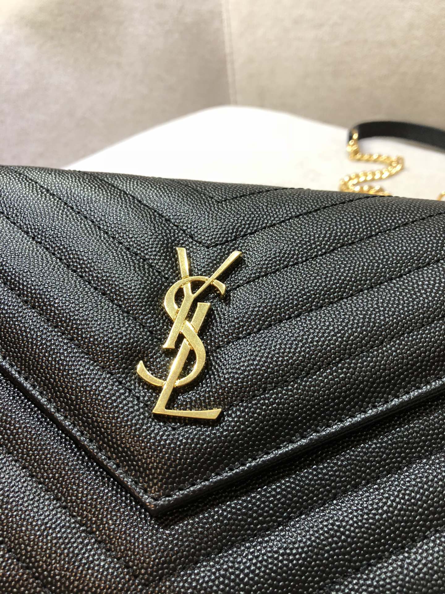 Saint Laurent Cassandre Matelassé Chain Wallet in Grain de Poudre Embossed Leather - Black