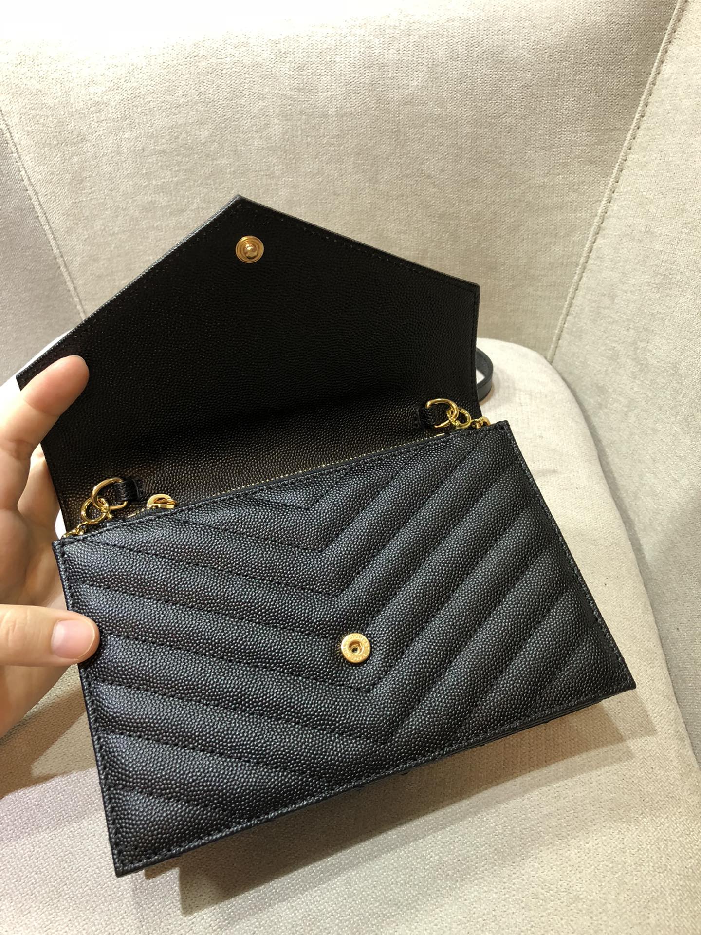 Saint Laurent Cassandre Matelassé Chain Wallet in Grain de Poudre Embossed Leather - Black