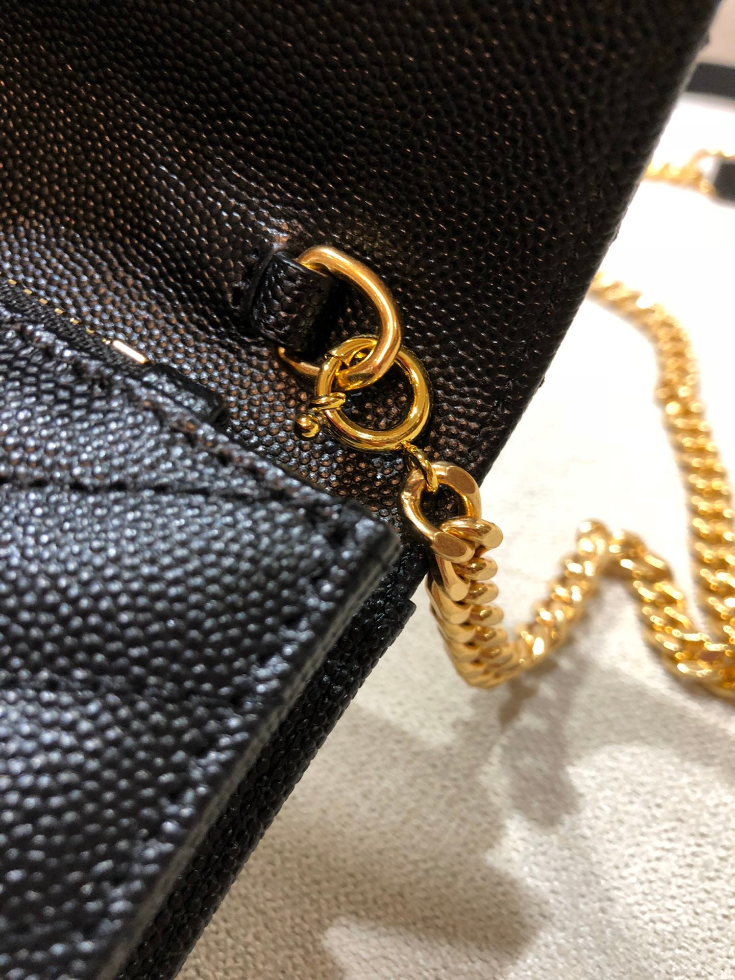 Saint Laurent Cassandre Matelassé Chain Wallet in Grain de Poudre Embossed Leather - Black