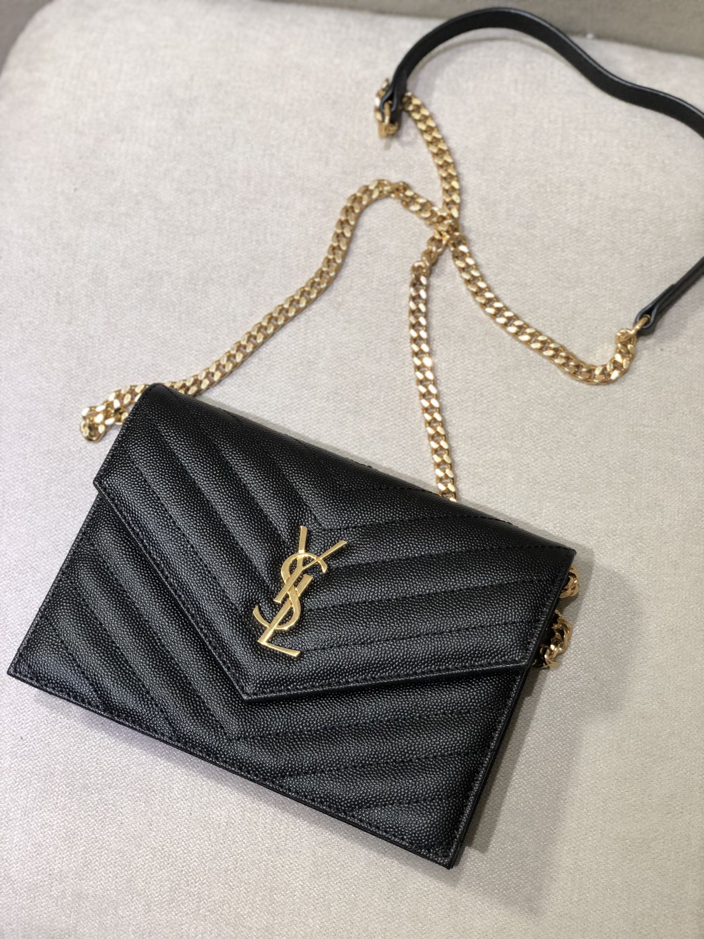 Saint Laurent Cassandre Matelassé Chain Wallet in Grain de Poudre Embossed Leather - Black
