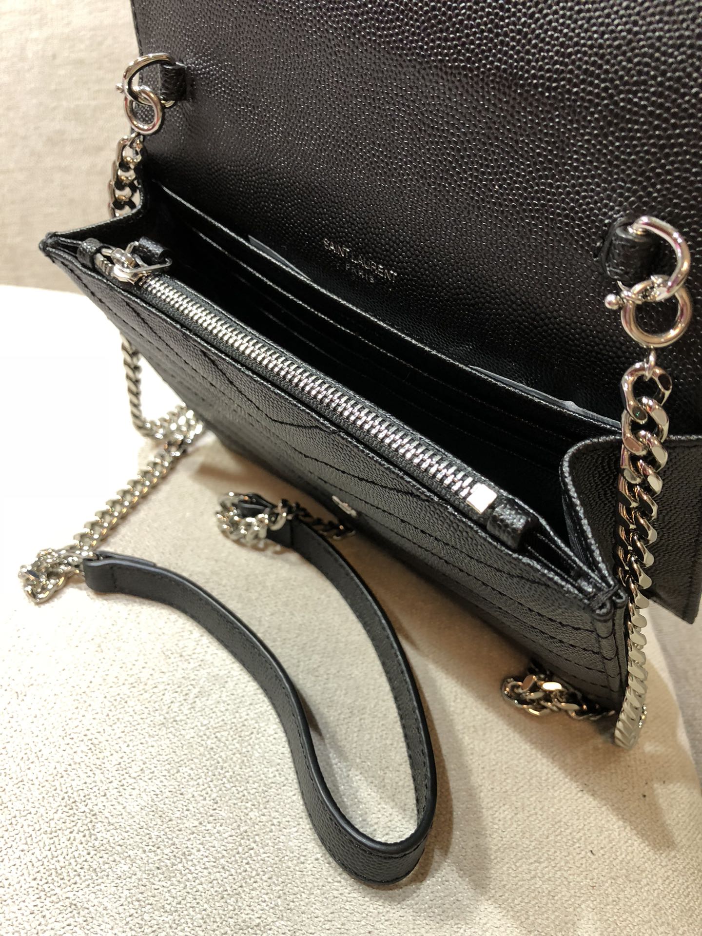 Saint Laurent Cassandre Matelassé Chain Wallet in Black Grain de Poudre Leather