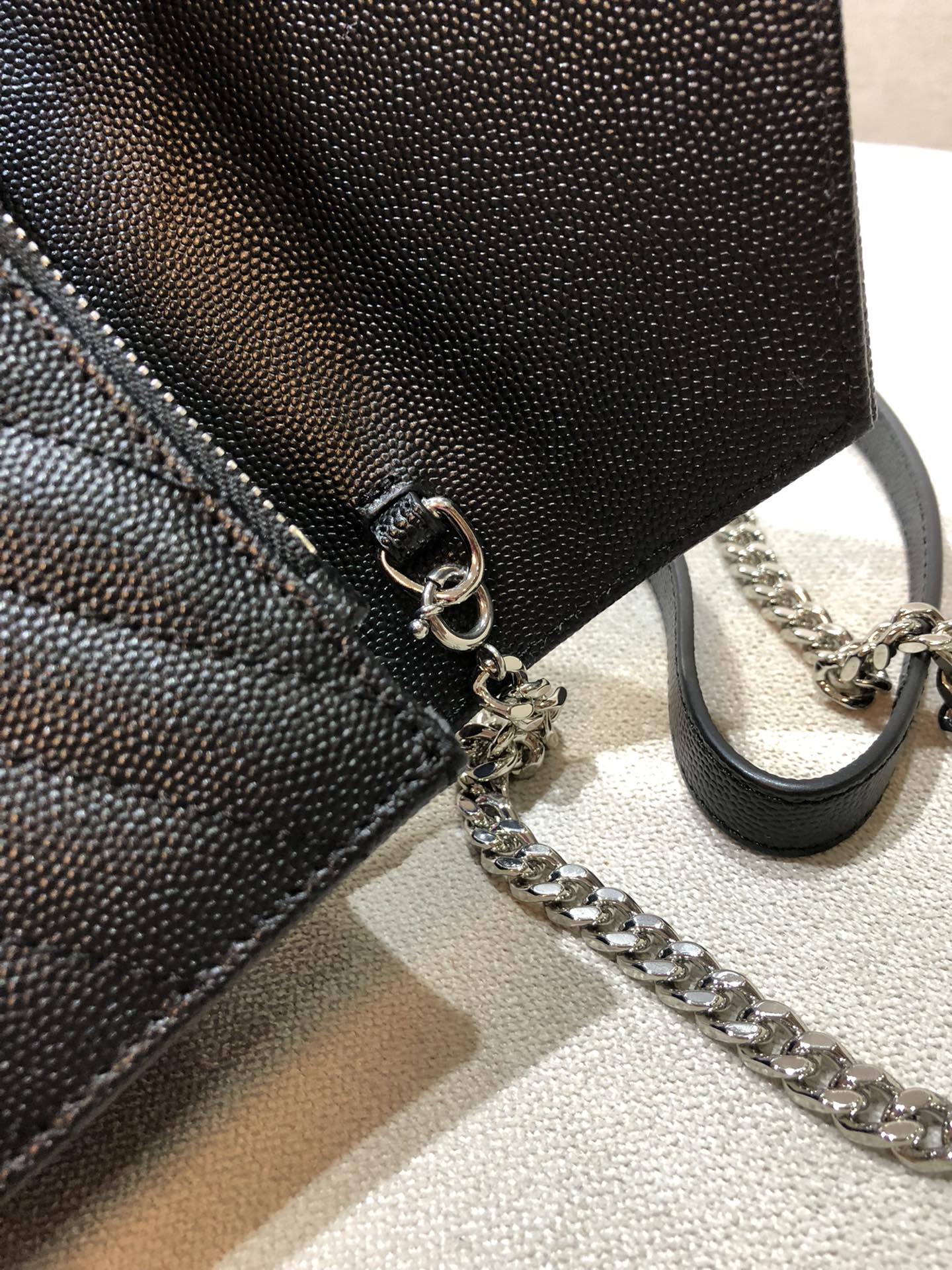 Saint Laurent Cassandre Matelassé Chain Wallet in Black Grain de Poudre Leather