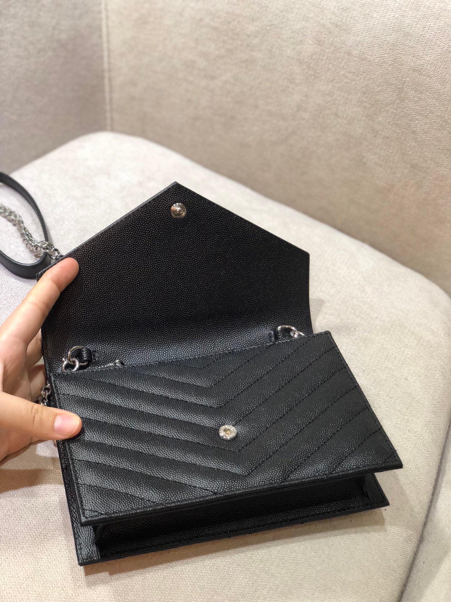 Saint Laurent Cassandre Matelassé Chain Wallet in Black Grain de Poudre Leather