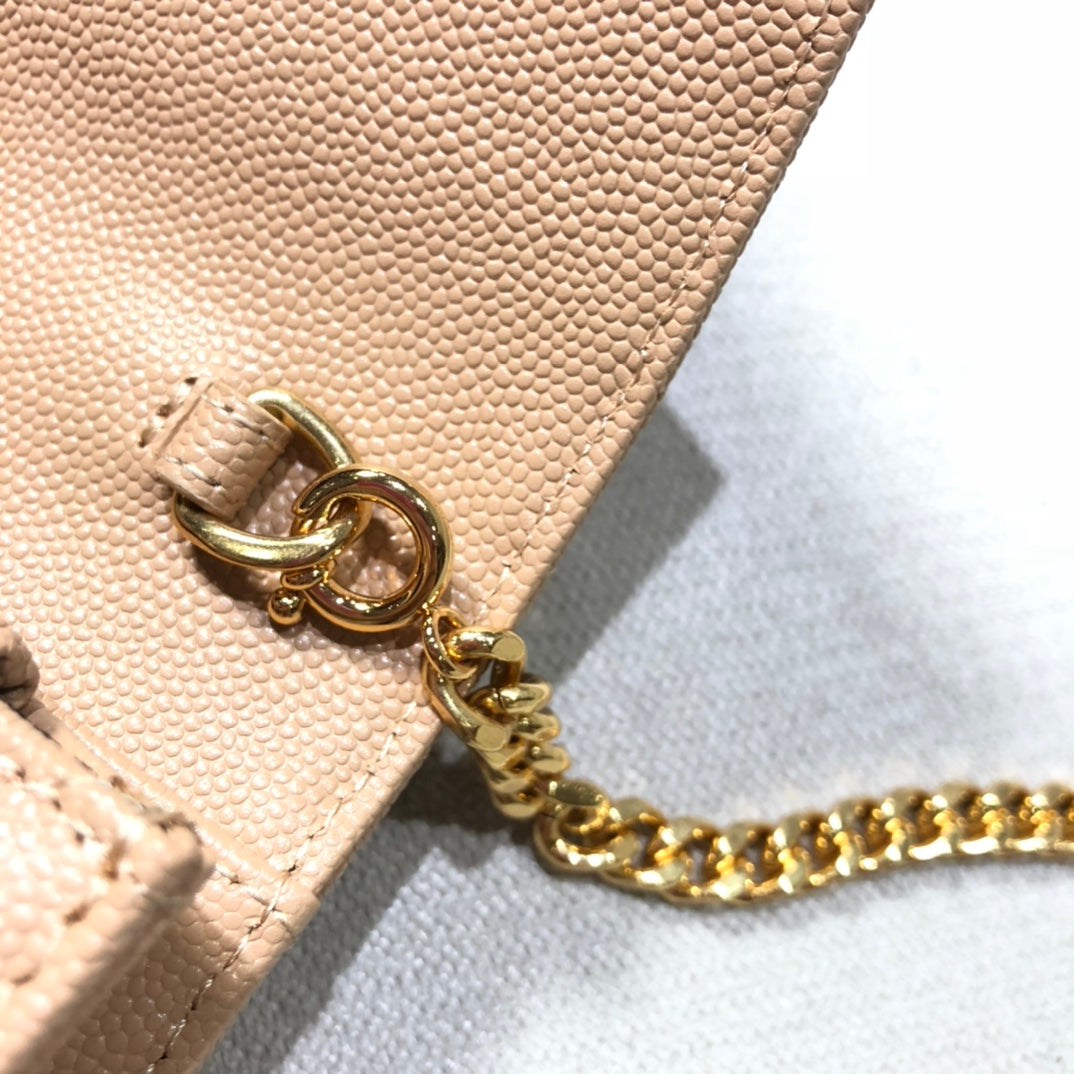 Saint Laurent Cassandre Matelassé Chain Wallet in Grain de Poudre Leather - Dark Nude