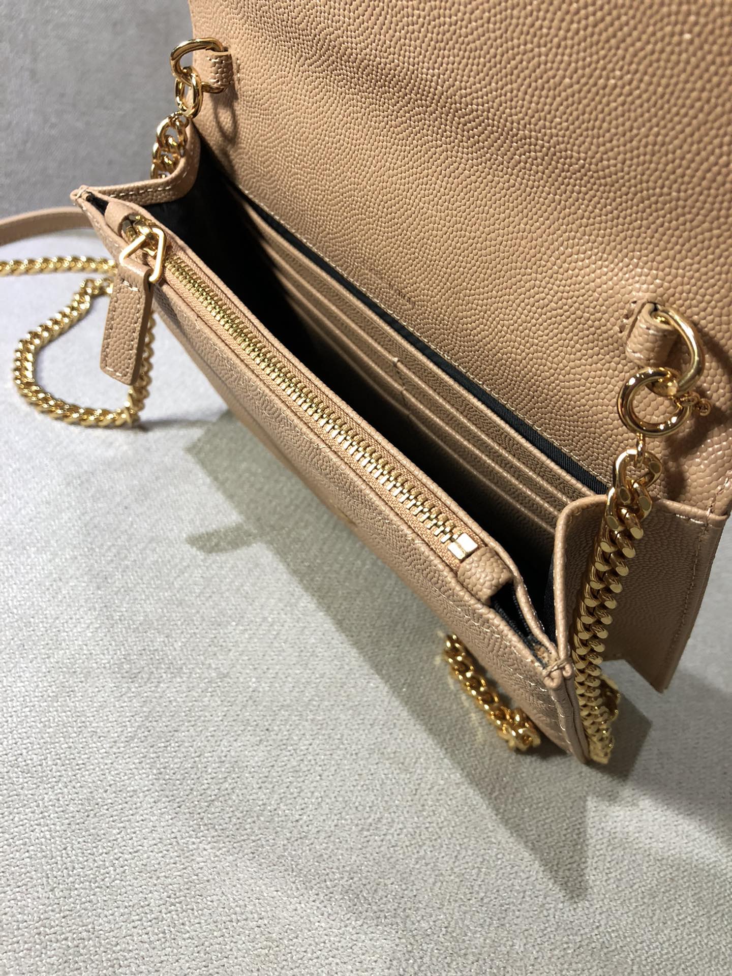 Saint Laurent Cassandre Matelassé Chain Wallet in Grain de Poudre Leather - Dark Nude