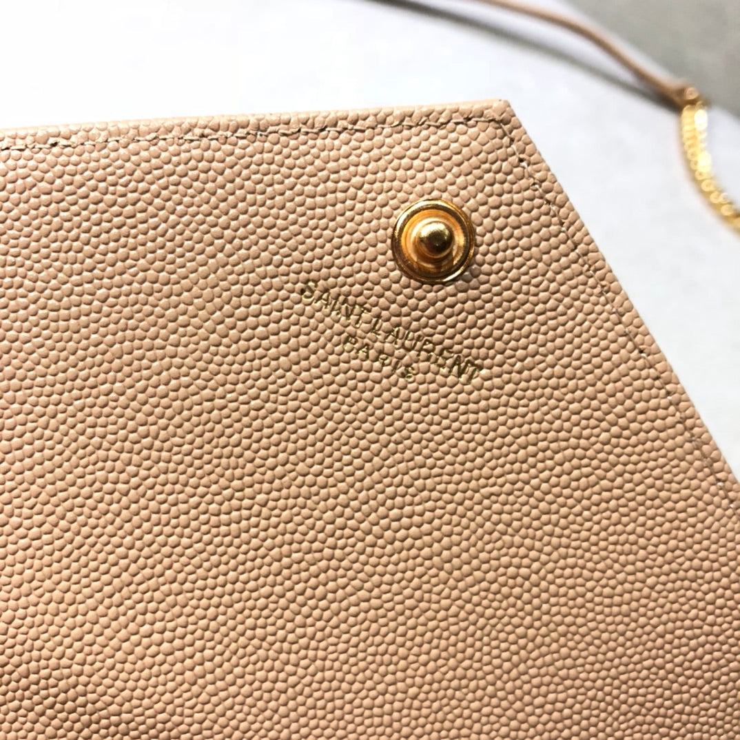 Saint Laurent Cassandre Matelassé Chain Wallet in Grain de Poudre Leather - Dark Nude