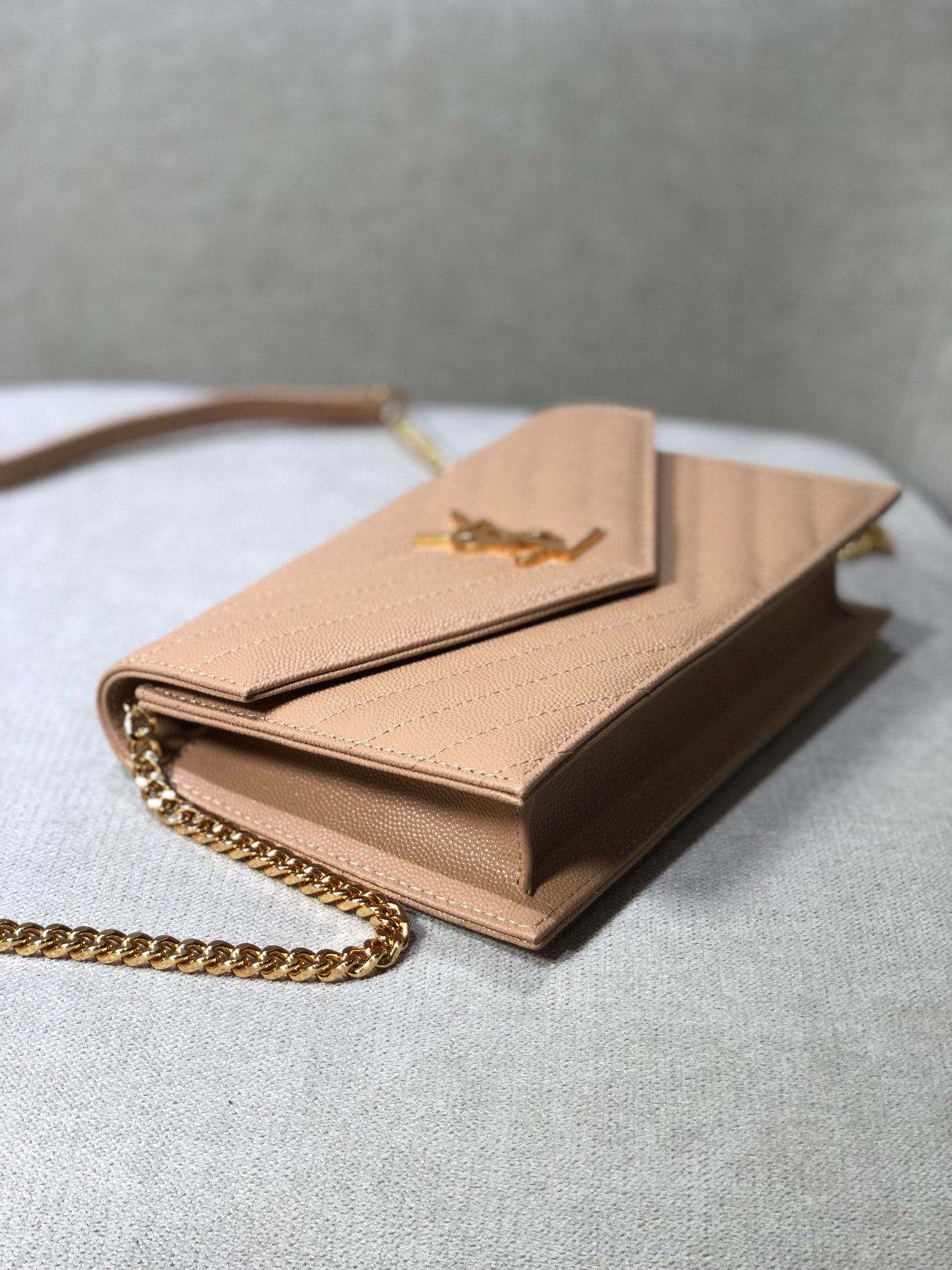 Saint Laurent Cassandre Matelassé Chain Wallet in Grain de Poudre Leather - Dark Nude