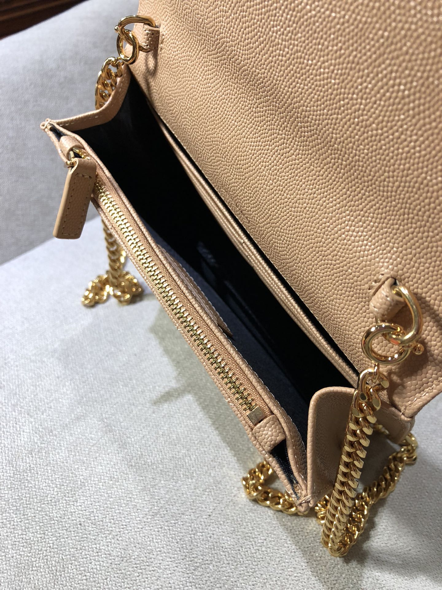 Saint Laurent Cassandre Matelassé Chain Wallet in Grain de Poudre Leather - Dark Nude
