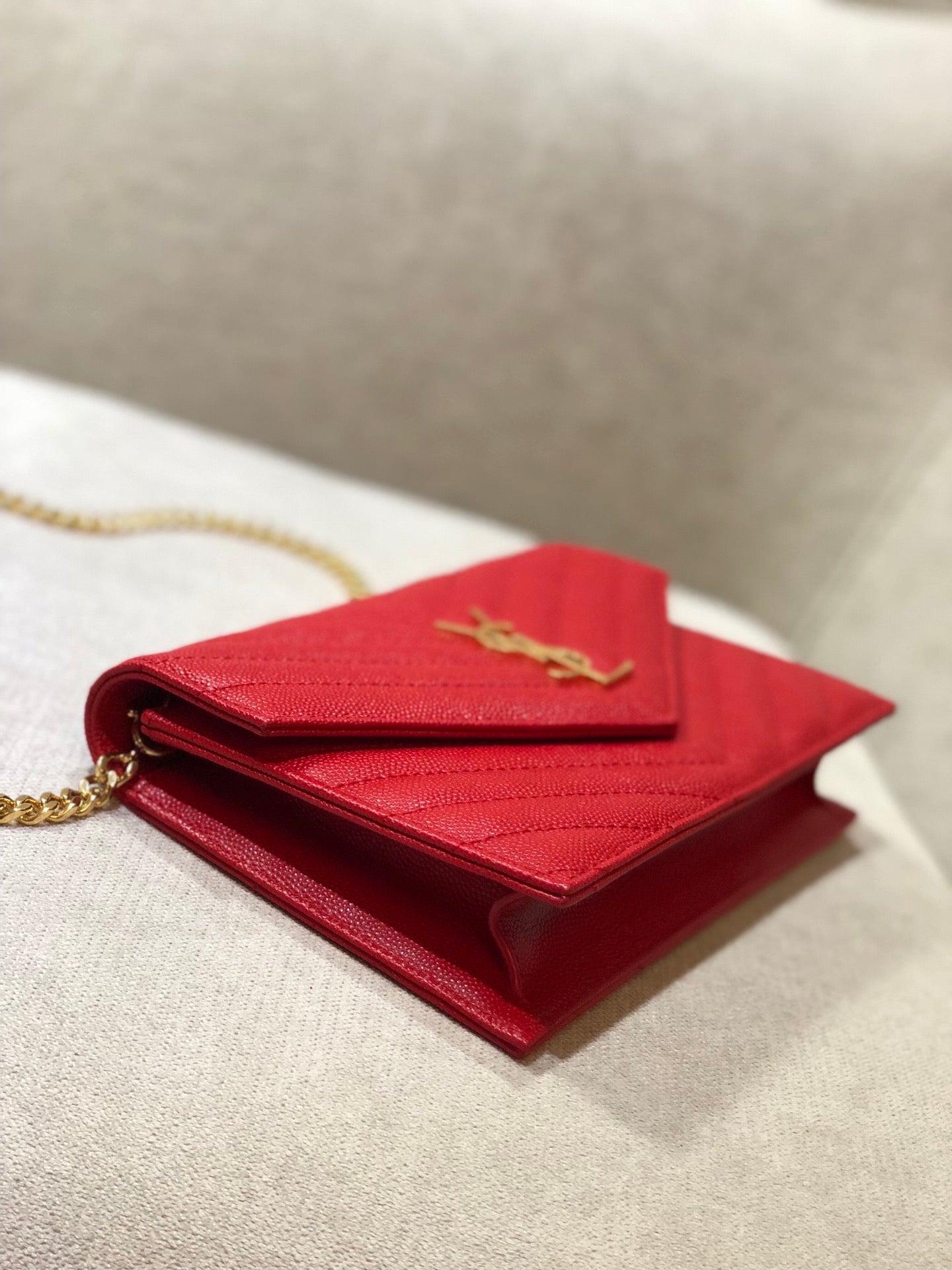 Saint Laurent Cassandre Matelassé Red Leather Envelope Chain Wallet