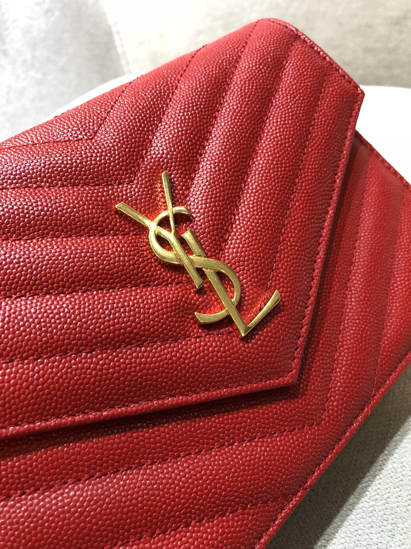 Saint Laurent Cassandre Matelassé Red Leather Envelope Chain Wallet