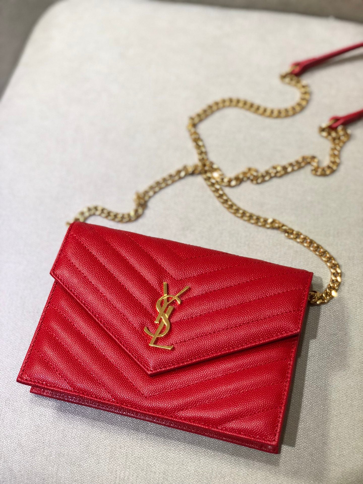 Saint Laurent Cassandre Matelassé Red Leather Envelope Chain Wallet