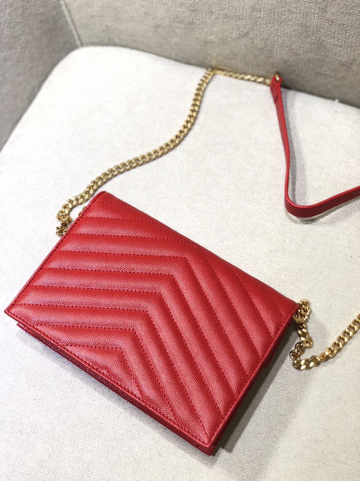 Saint Laurent Cassandre Matelassé Red Leather Envelope Chain Wallet