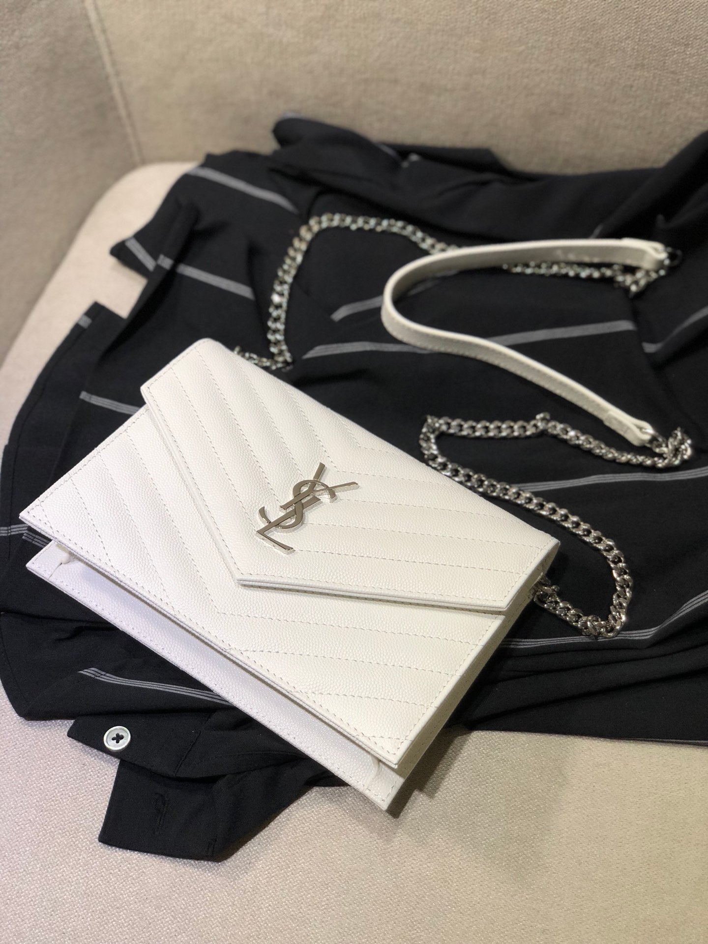 Saint Laurent Cassandre Matelassé Chain Wallet in White Quilted Leather