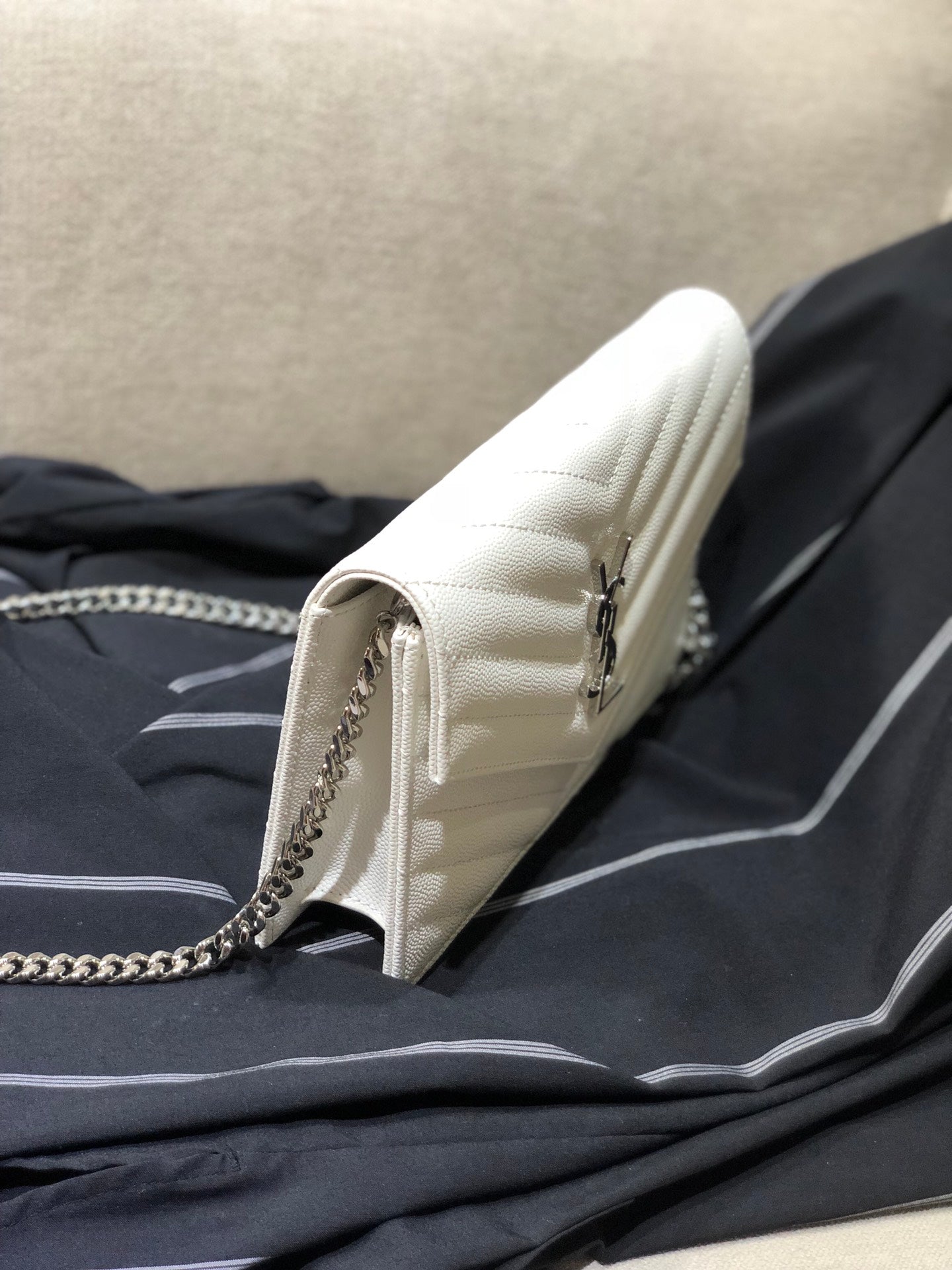 Saint Laurent Cassandre Matelassé Chain Wallet in White Quilted Leather