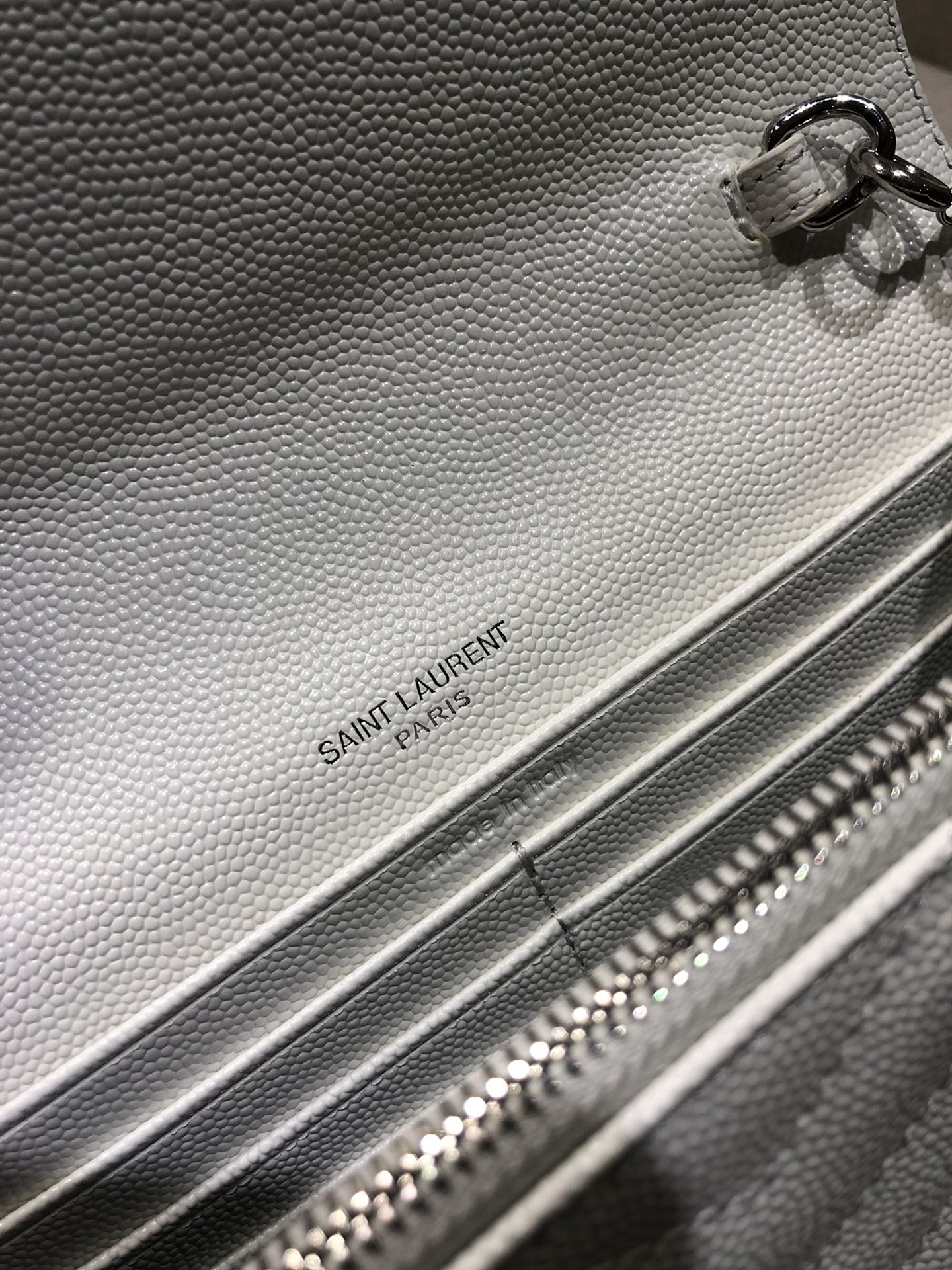 Saint Laurent Cassandre Matelassé Chain Wallet in White Quilted Leather