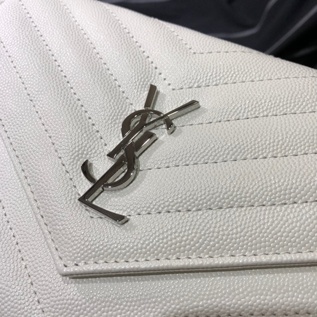 Saint Laurent Cassandre Matelassé Chain Wallet in White Quilted Leather