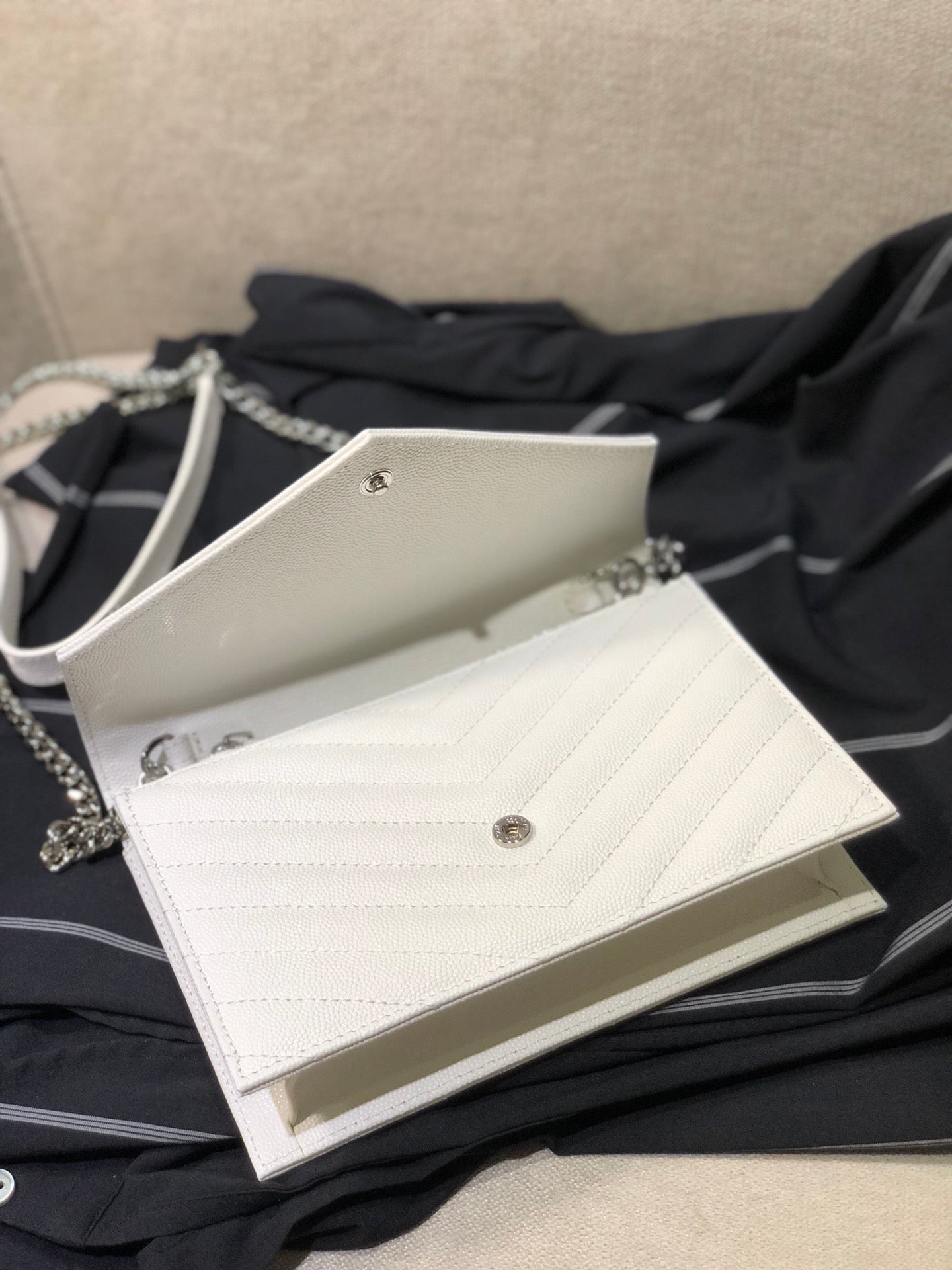 Saint Laurent Cassandre Matelassé Chain Wallet in White Quilted Leather