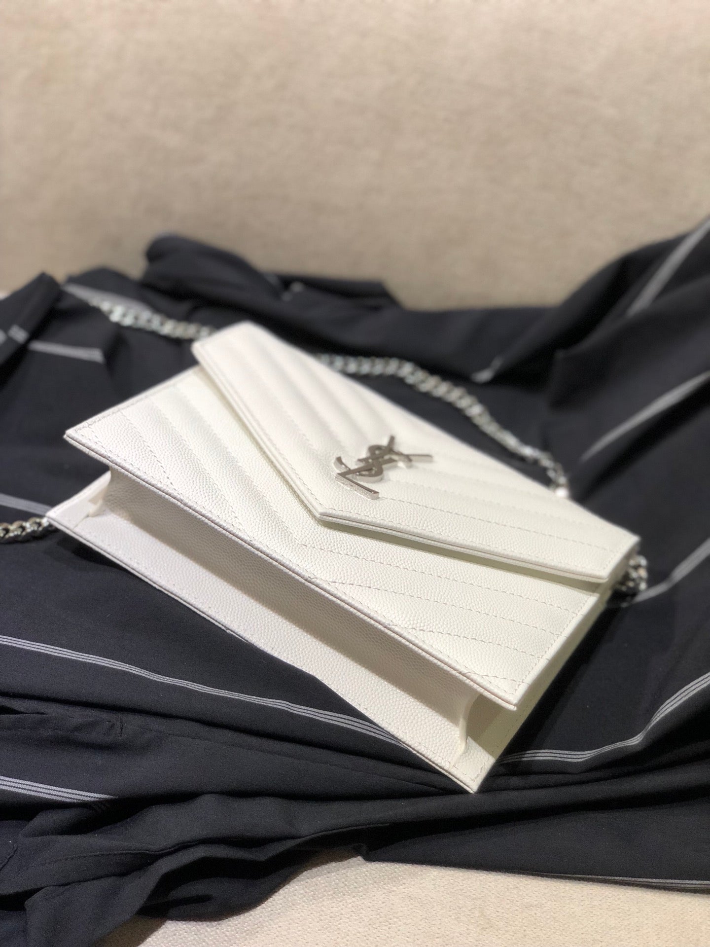 Saint Laurent Cassandre Matelassé Chain Wallet in White Quilted Leather