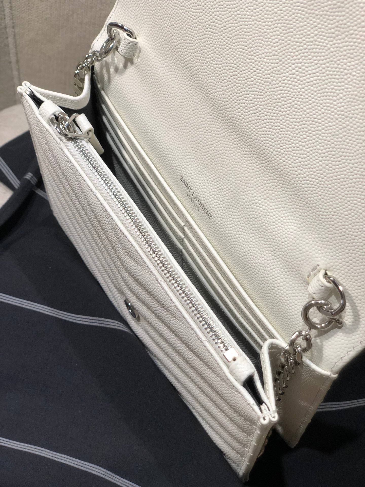 Saint Laurent Cassandre Matelassé Chain Wallet in White Quilted Leather