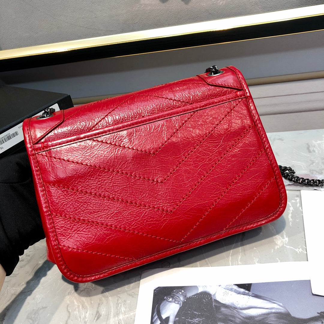 Saint Laurent Niki Red Quilted Crumpled Leather Shoulder Bag with Tonal Hardware