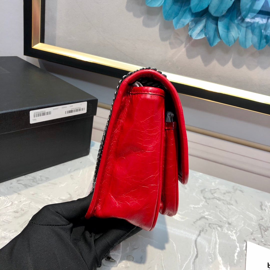 Saint Laurent Niki Red Quilted Crumpled Leather Shoulder Bag with Tonal Hardware