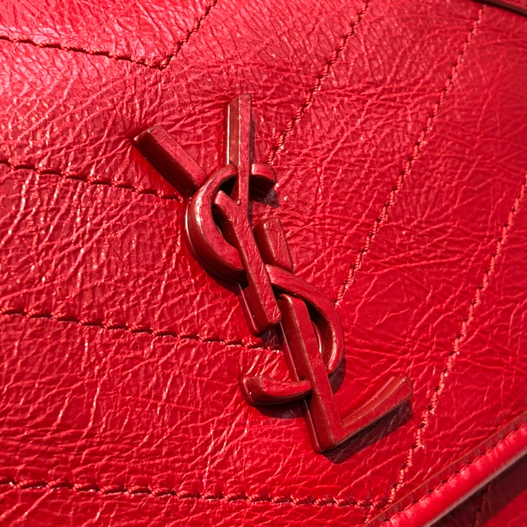 Saint Laurent Niki Red Quilted Crumpled Leather Shoulder Bag with Tonal Hardware