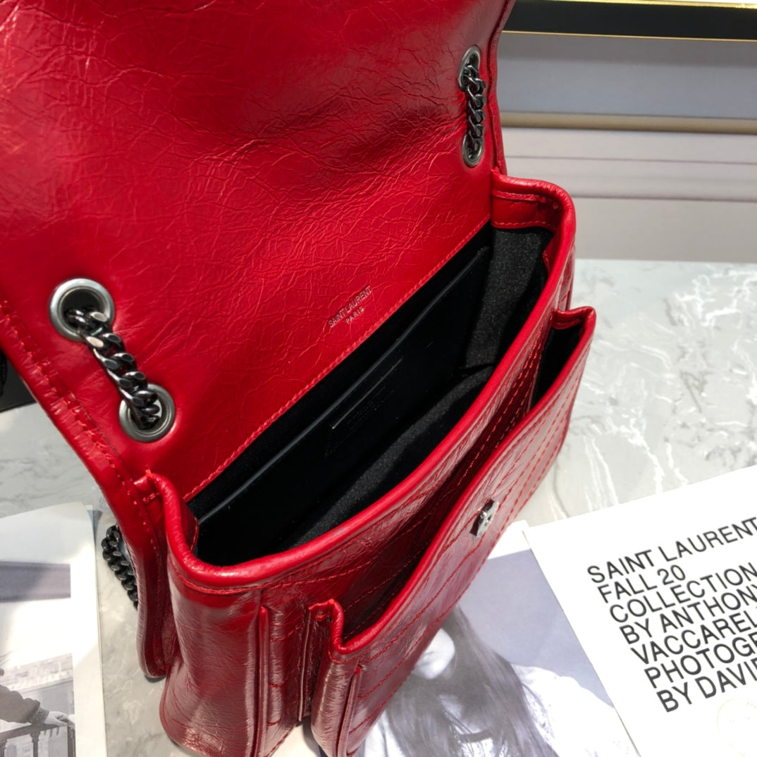 Saint Laurent Niki Red Quilted Crumpled Leather Shoulder Bag with Tonal Hardware