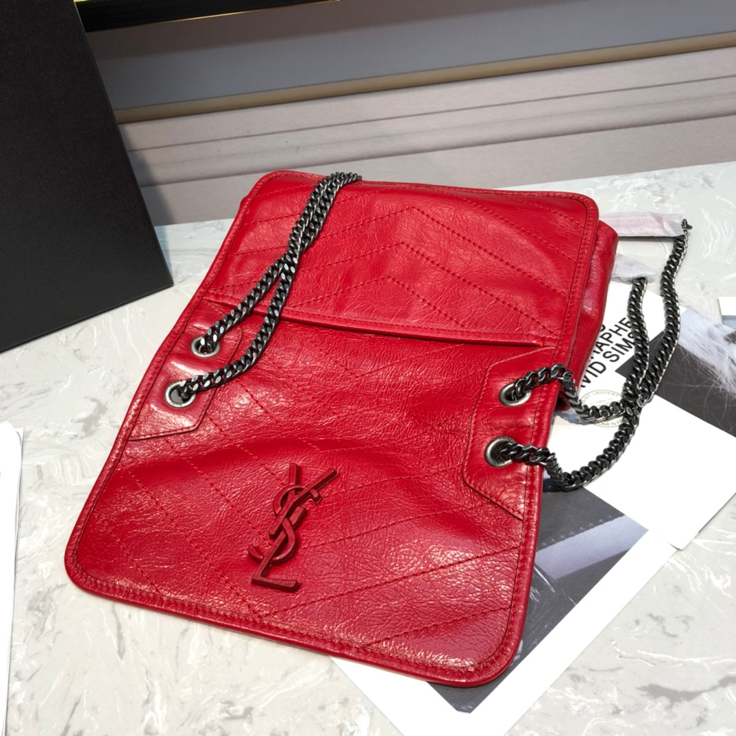 Saint Laurent Niki Red Quilted Crumpled Leather Shoulder Bag with Tonal Hardware
