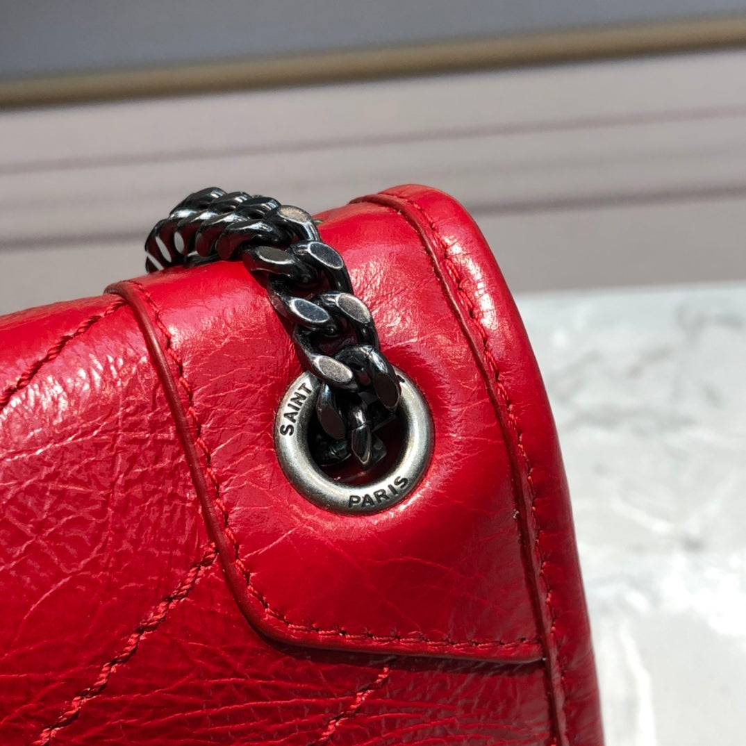 Saint Laurent Niki Red Quilted Crumpled Leather Shoulder Bag with Tonal Hardware