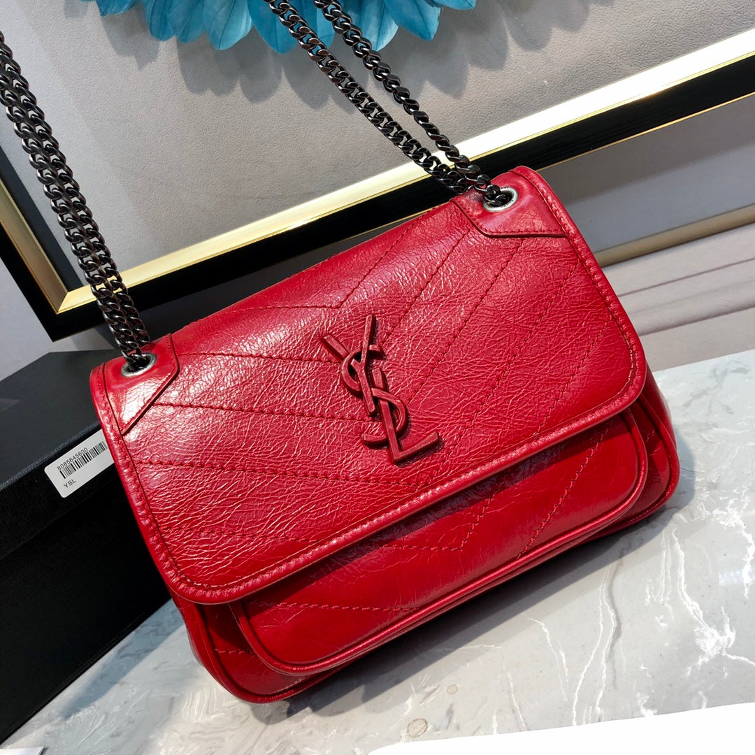 Saint Laurent Niki Red Quilted Crumpled Leather Shoulder Bag with Tonal Hardware