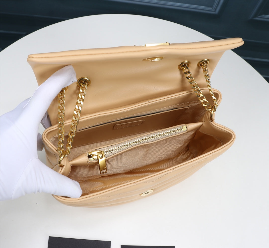 Saint Laurent Loulou Medium Beige Quilted Leather Shoulder Bag with Gold Hardware