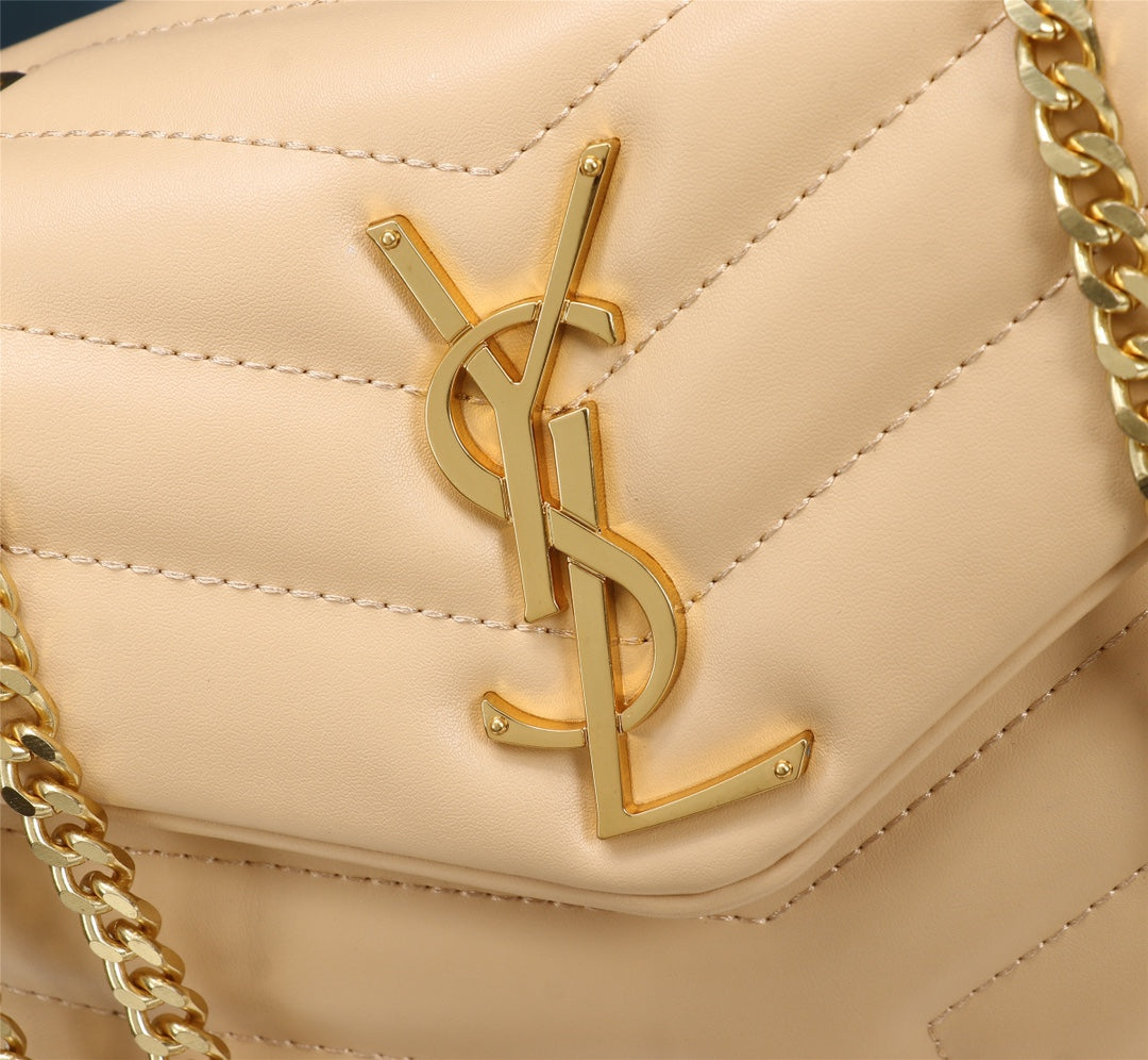 Saint Laurent Loulou Medium Beige Quilted Leather Shoulder Bag with Gold Hardware