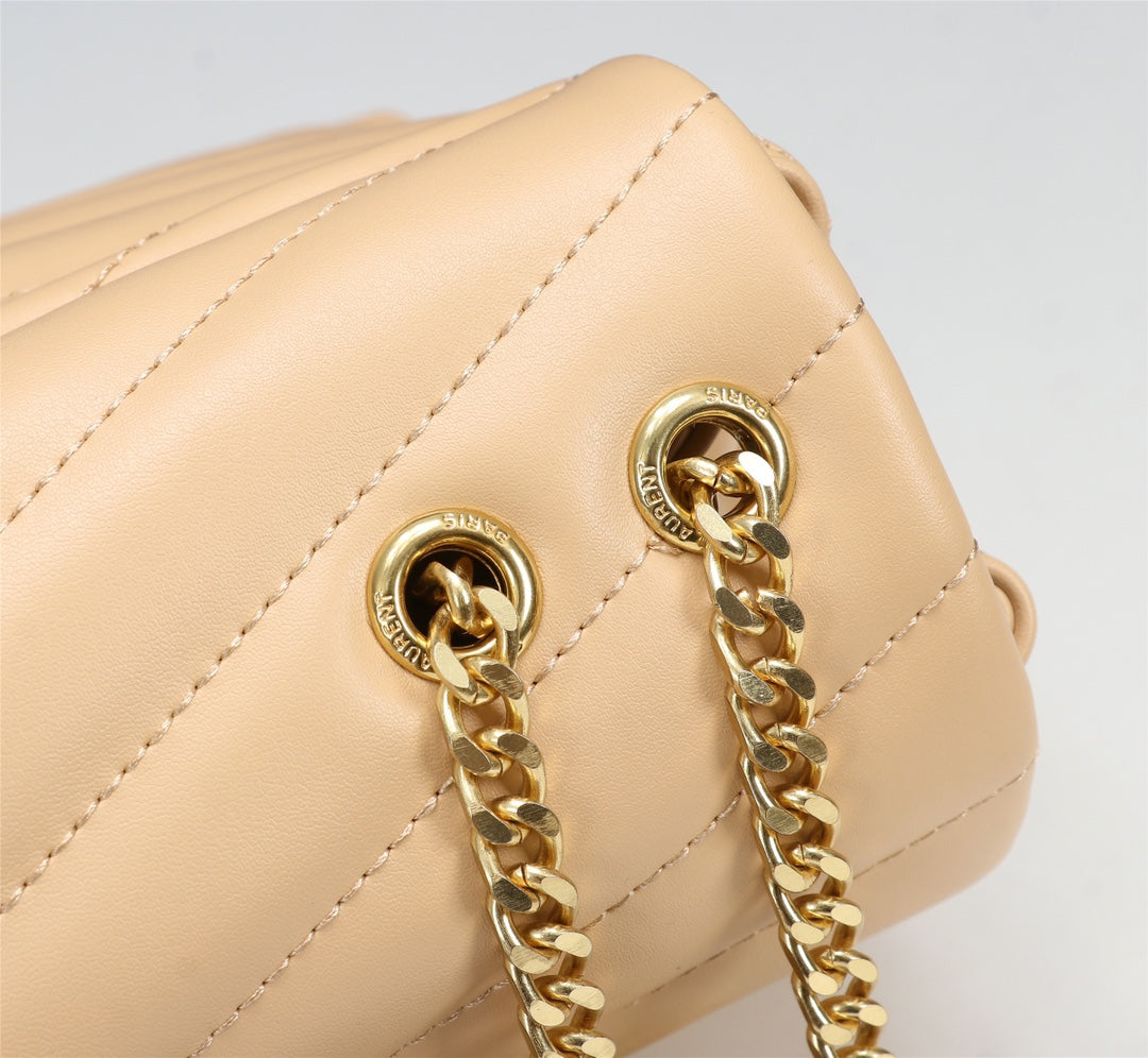 Saint Laurent Loulou Medium Beige Quilted Leather Shoulder Bag with Gold Hardware