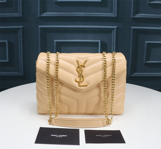 Saint Laurent Loulou Medium Beige Quilted Leather Shoulder Bag with Gold Hardware