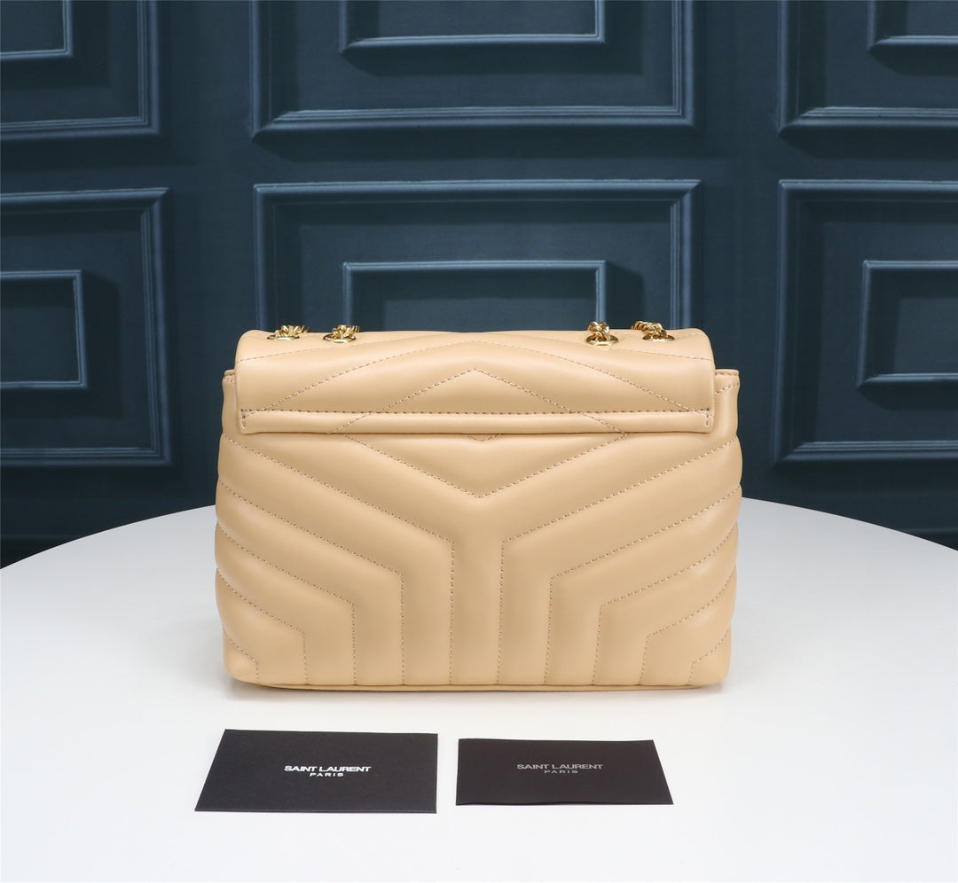 Saint Laurent Loulou Medium Beige Quilted Leather Shoulder Bag with Gold Hardware