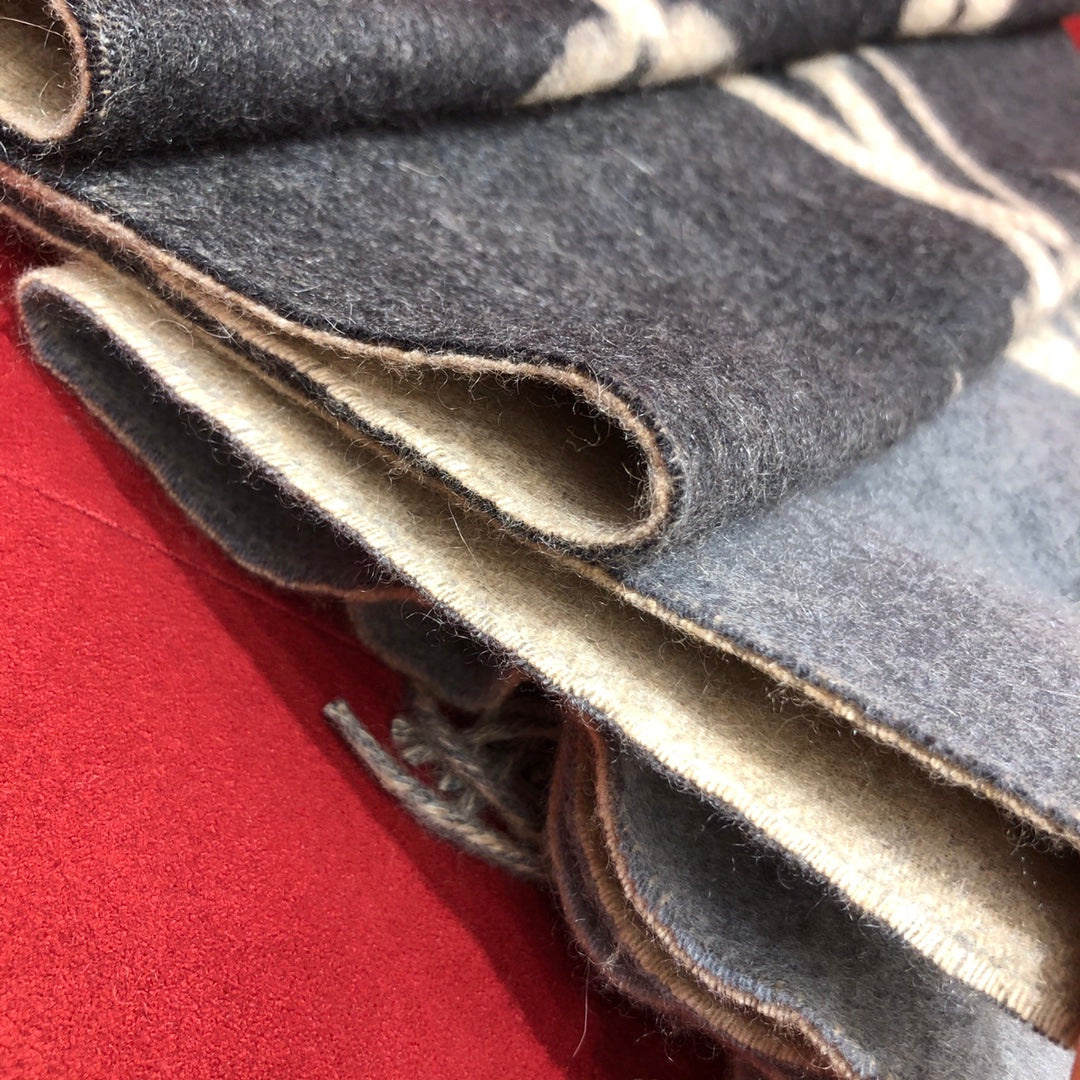 Louis Vuitton Monogram Denim Blue &amp; Navy Fringed Scarf, Luxury Wool Cashmere Blend Designer Shawl