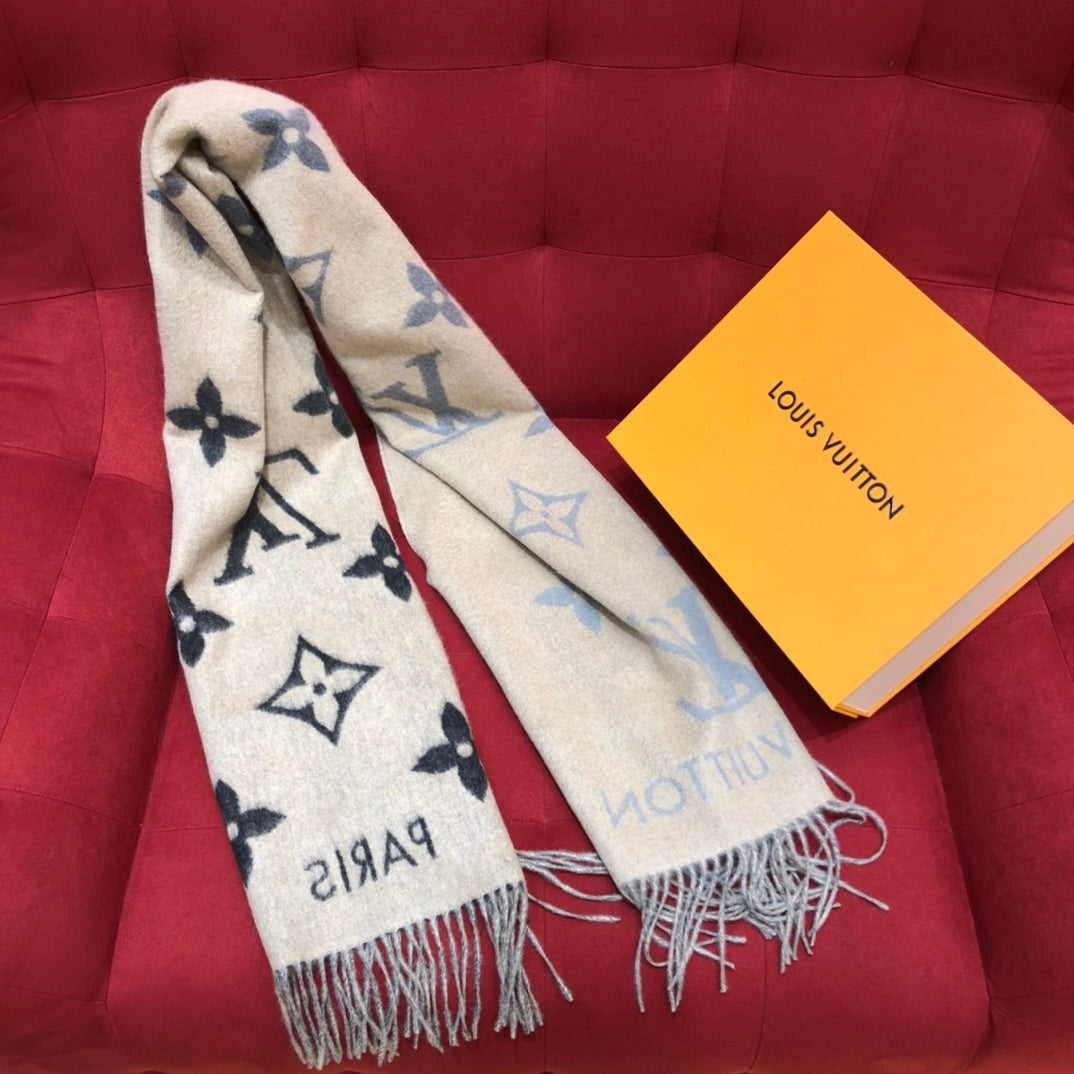 Louis Vuitton Monogram Denim Blue &amp; Navy Fringed Scarf, Luxury Wool Cashmere Blend Designer Shawl