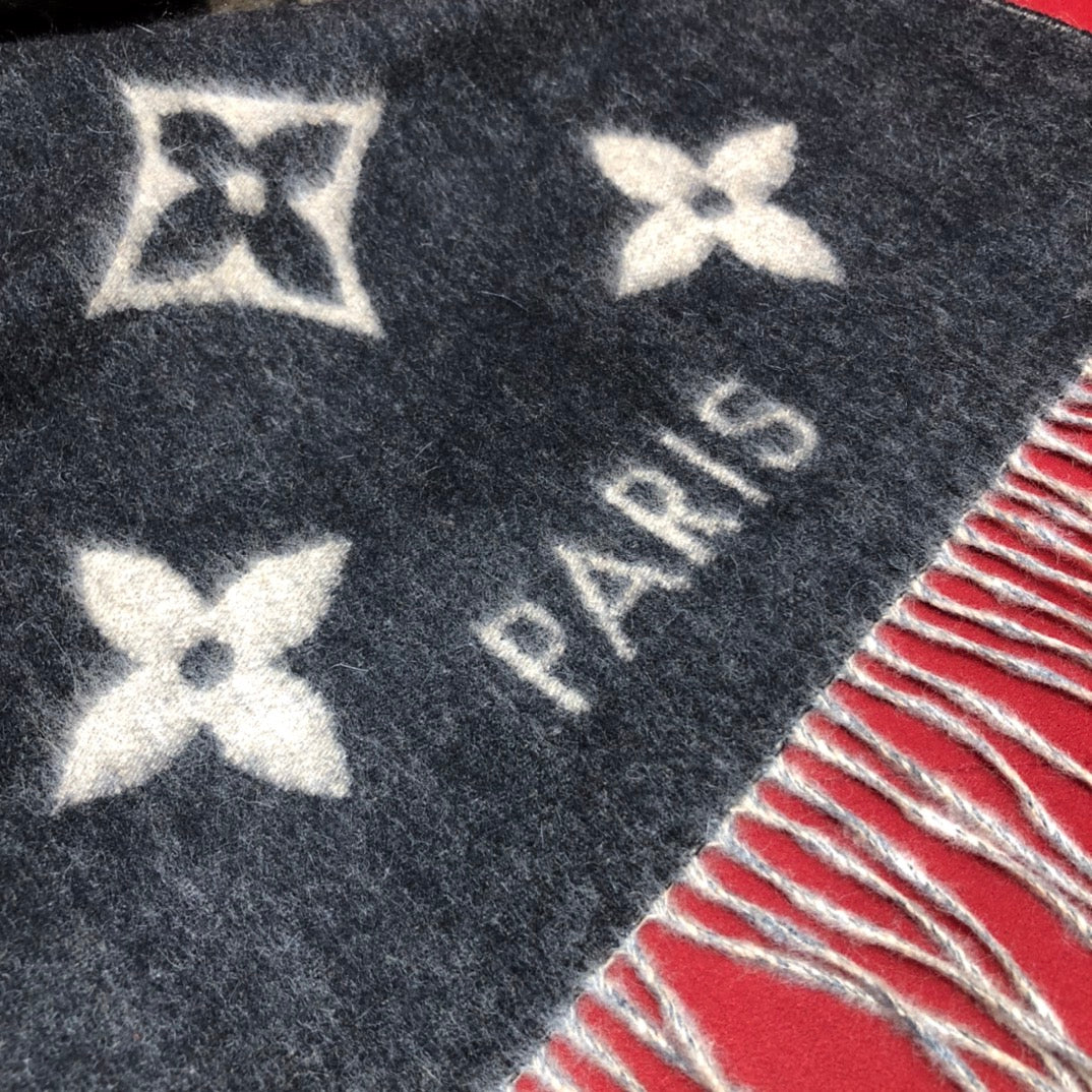 Louis Vuitton Monogram Denim Blue &amp; Navy Fringed Scarf, Luxury Wool Cashmere Blend Designer Shawl