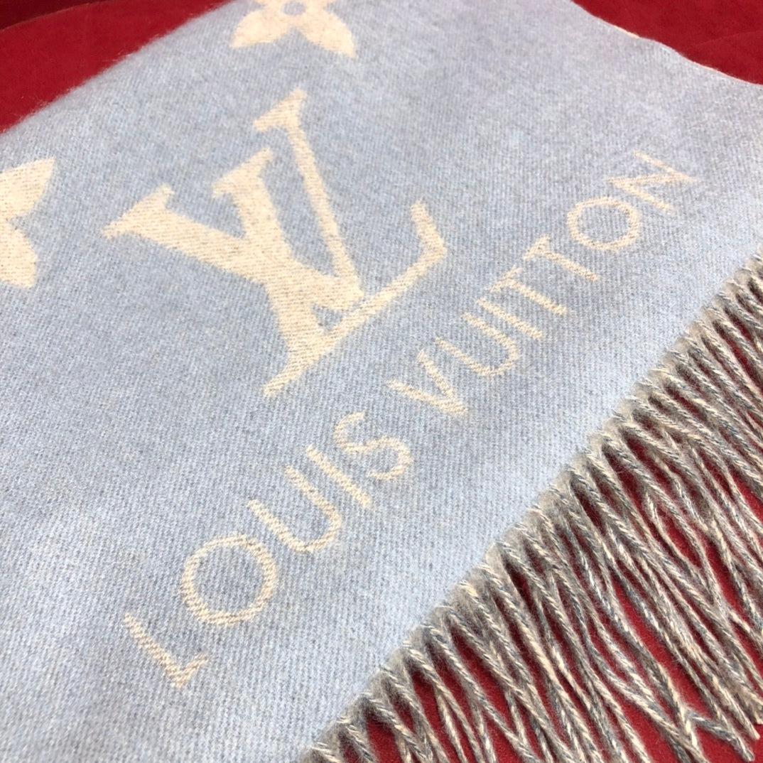 Louis Vuitton Monogram Denim Blue &amp; Navy Fringed Scarf, Luxury Wool Cashmere Blend Designer Shawl