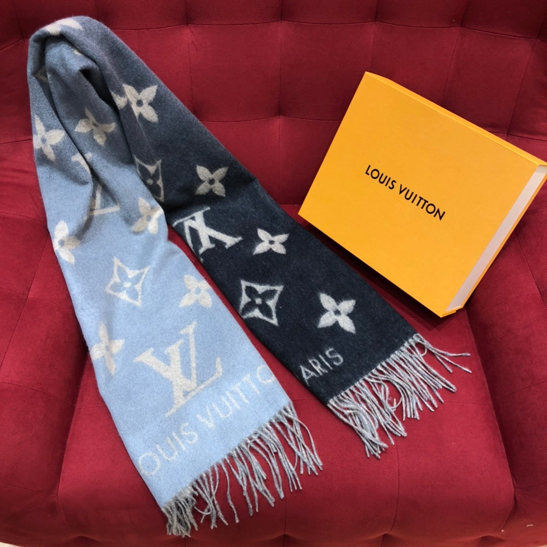 Louis Vuitton Monogram Denim Blue &amp; Navy Fringed Scarf, Luxury Wool Cashmere Blend Designer Shawl