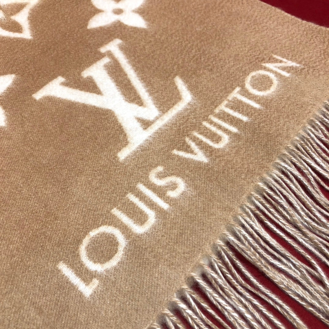 Louis Vuitton Monogram Scarf - Beige and White Wool Cashmere Blend Logo Print Winter Wrap with Fringed Edges - Includes Branded Box