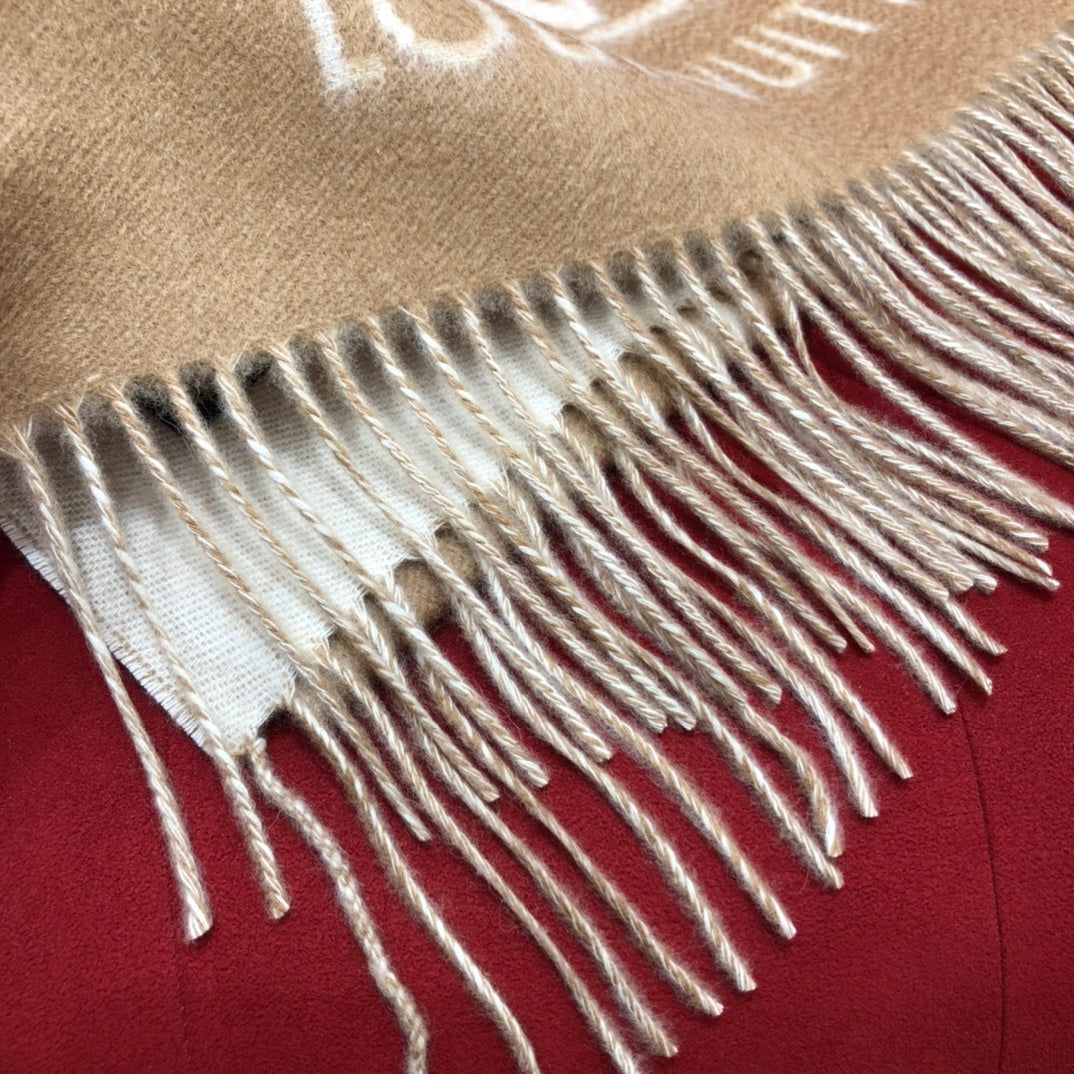 Louis Vuitton Monogram Scarf - Beige and White Wool Cashmere Blend Logo Print Winter Wrap with Fringed Edges - Includes Branded Box